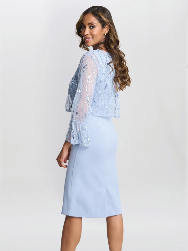 Pippa Beaded Jacket With Fluted 3/4 Sleeve And Crepe Shift Dress