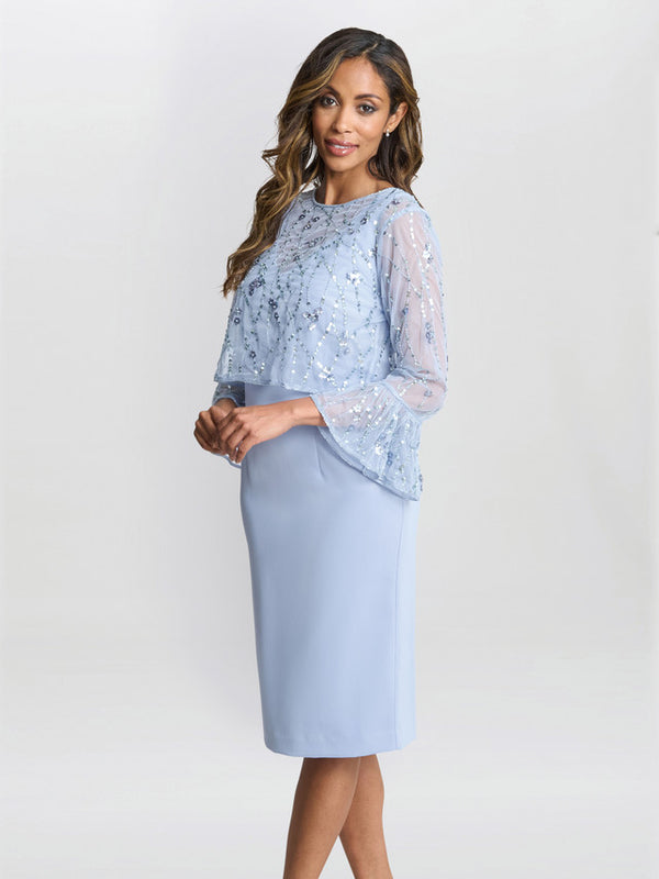 Pippa Beaded Jacket With Fluted 3/4 Sleeve And Crepe Shift Dress