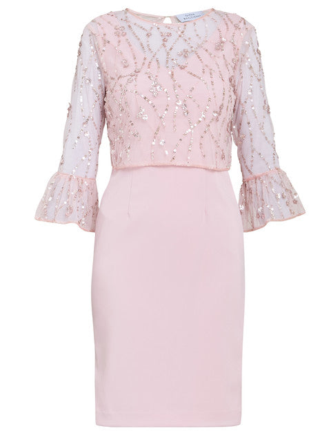 Pippa Beaded Jacket With Fluted 3/4 Sleeve And Crepe Shift Dress