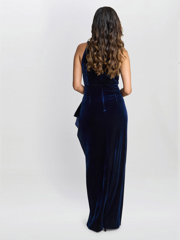 Naomi Beaded Velvet Halter Neck Maxi Dress