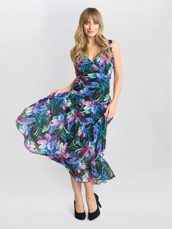 Lisbeth Floral Print Chiffon Asymmetric Hem Dress