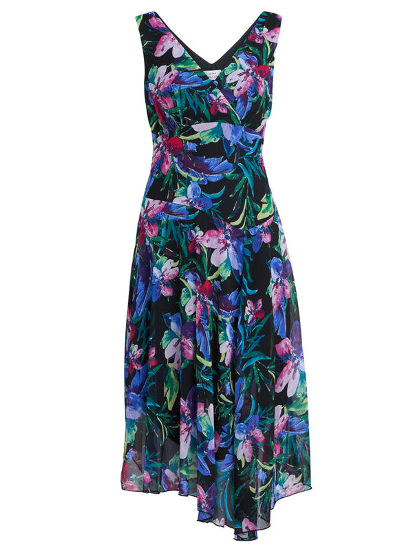 Lisbeth Floral Print Chiffon Asymmetric Hem Dress