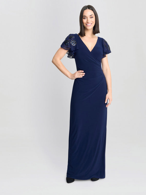 Nicolette Jersey V-Neck Maxi Dress With Sequin Sleeve