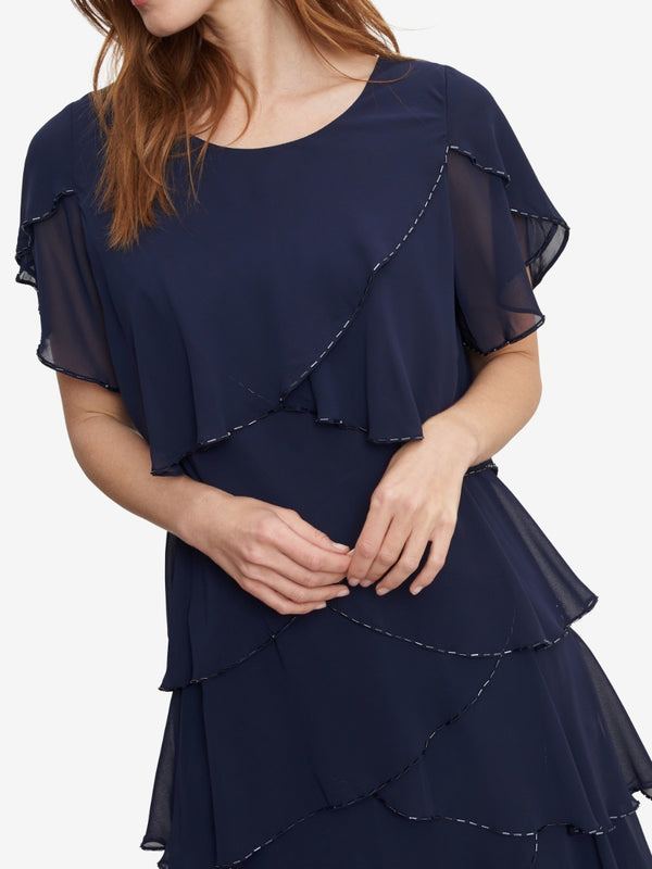 Trysta Bugle Beaded Trim Tiered Cocktail Dress With Flitter Sleeves