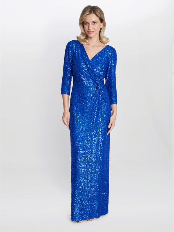 Jacynda Sequin 3/4 Sleeve Wrap Dress With Twist