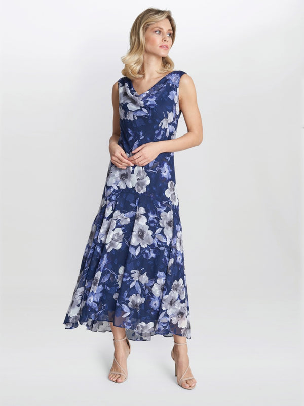 Dahlia Midi Length Sleevless Printed Dress And Shawl