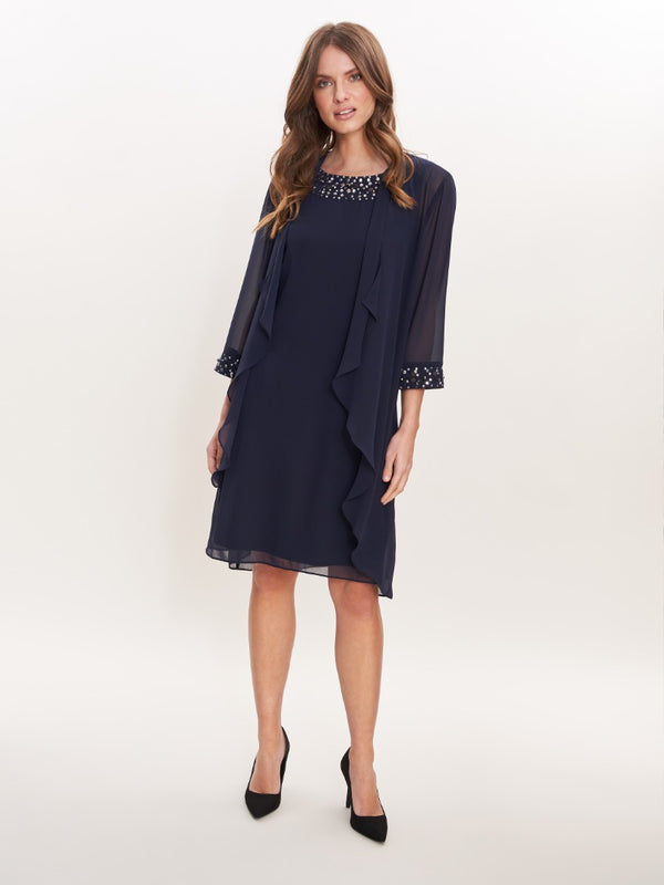 Joseline Short Chiffon Jacket Dress With Beaded Neckline