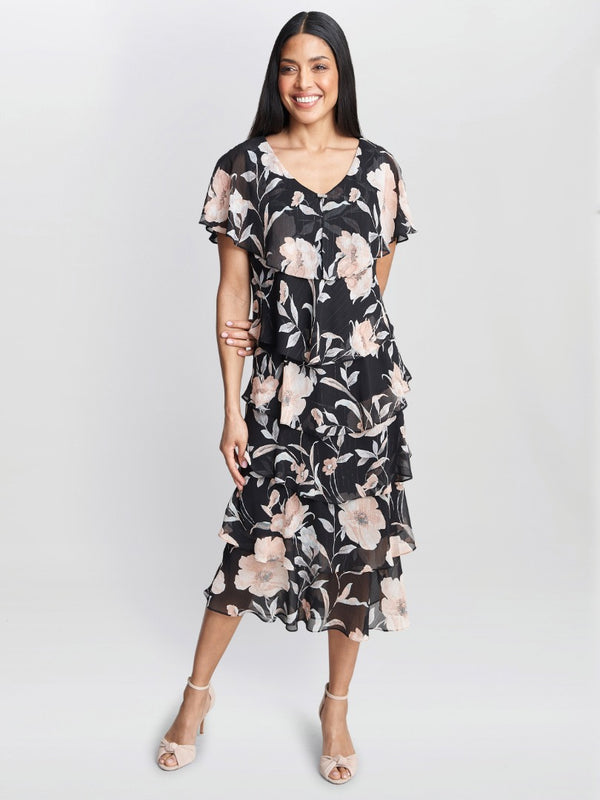 Frances Printed Midi Tiered Dress With Trim