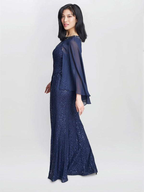 Florence Keyhole Neck Chiffon Sequin Lace Fit and Flare Maxi Dress