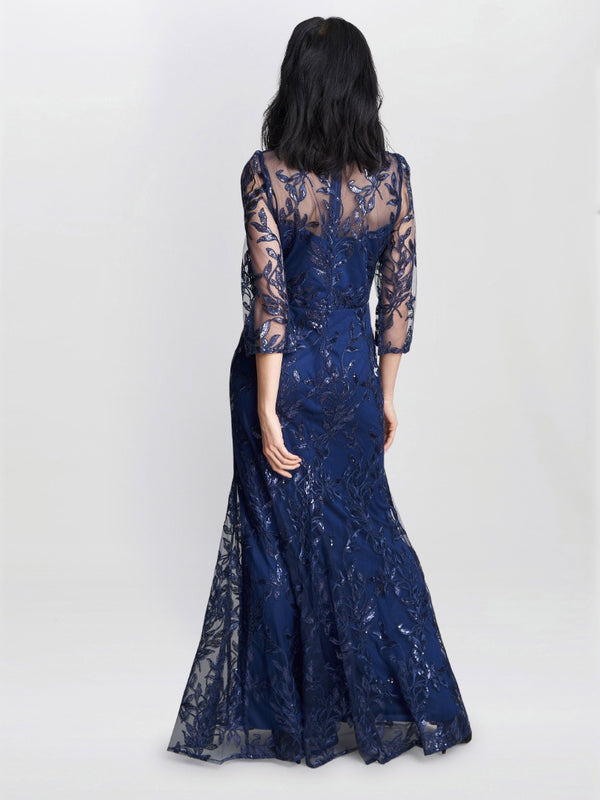 Jordana Beaded Maxi Dress With Illusion Sleeves