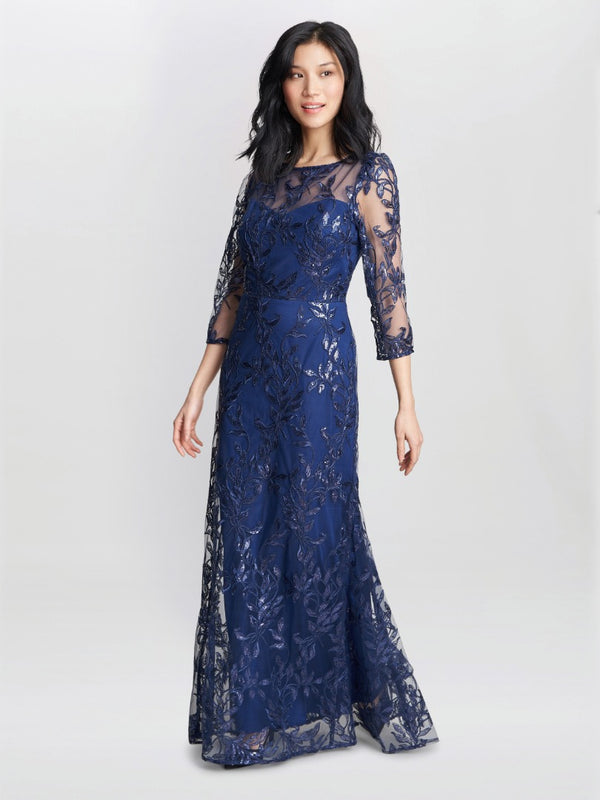 Jordana Beaded Maxi Dress With Illusion Sleeves