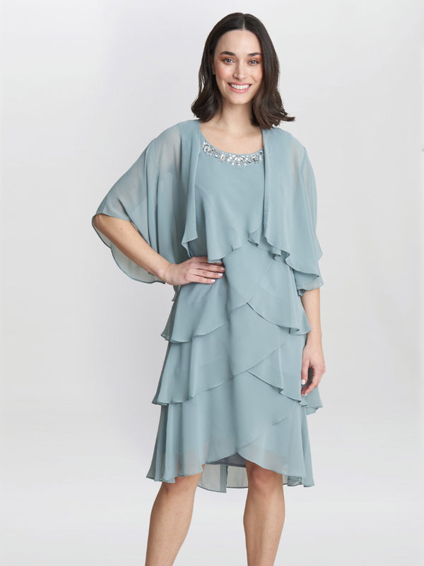 Toni Chiffon Tier Jacket Dress With Beaded Neck