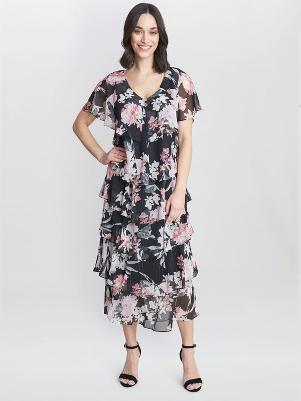 Janice V Neck Printed Midi Length Tiered Dress