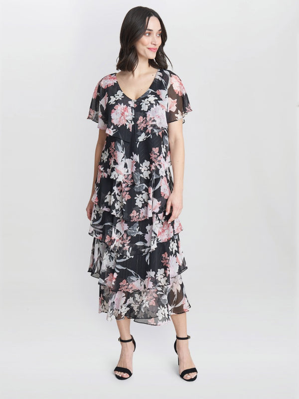 Janice V Neck Printed Midi Length Tiered Dress