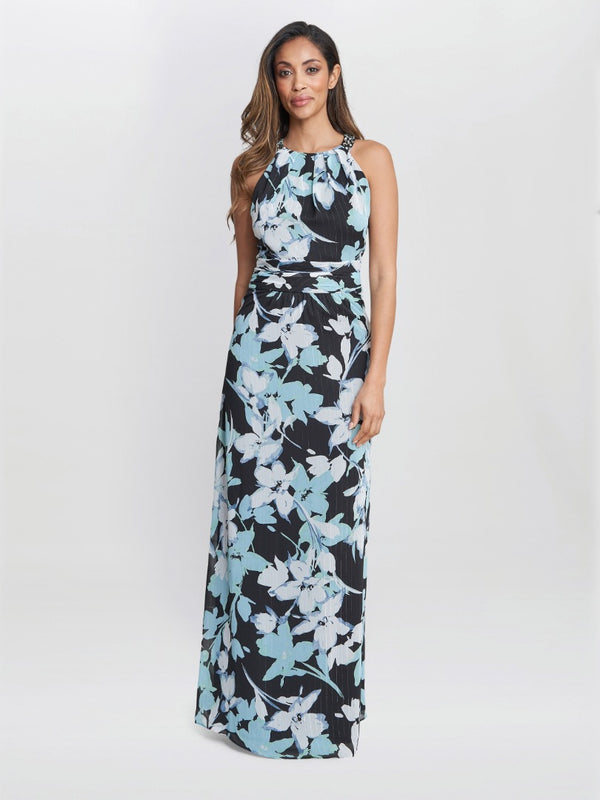 Irina Printed Halter Neck Maxi Dress With Embellished Neckline