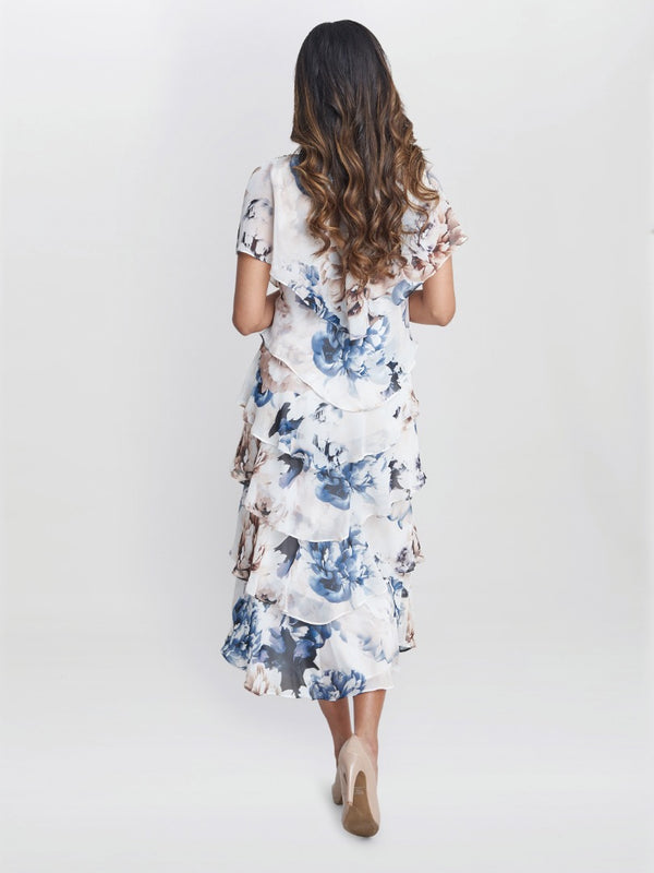 Jocelyn Midi Length Printed Tiered Dress With Embellished Shoulders