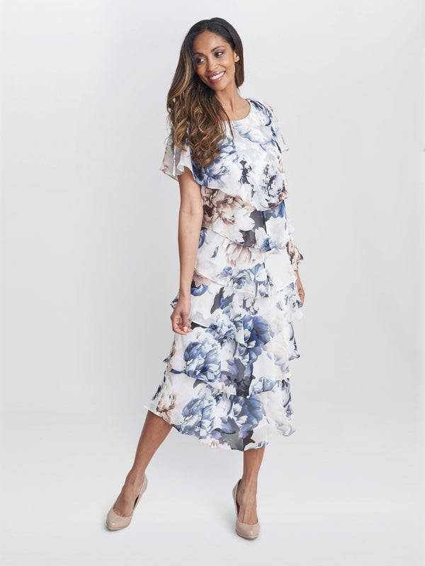 Jocelyn Midi Length Printed Tiered Dress With Embellished Shoulders