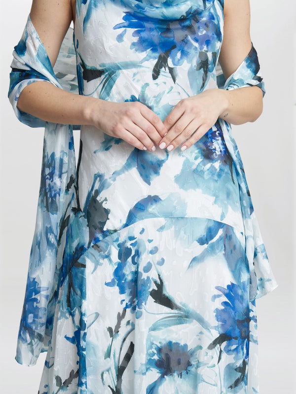 Angelica Midi Length Cowl Neck Printed Dress And Shawl