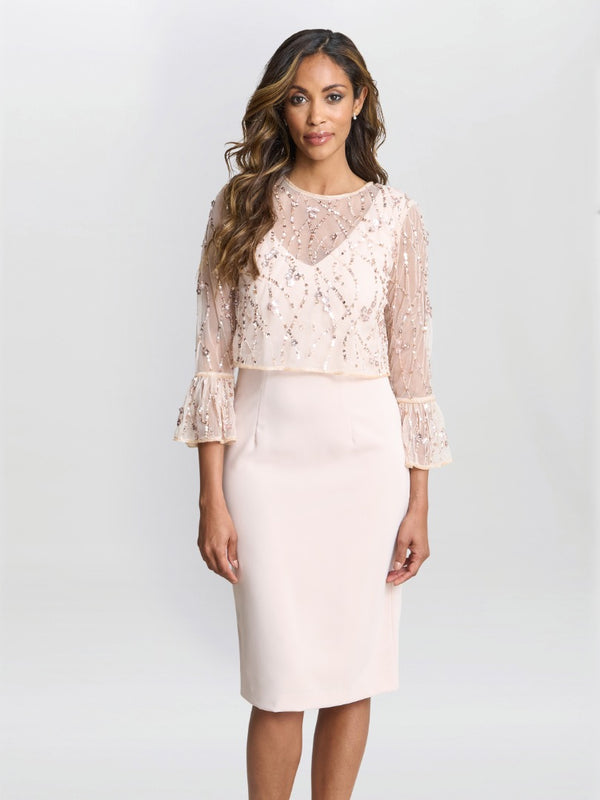 Pippa Beaded Jacket With Fluted 3/4 Sleeve And Crepe Shift Dress