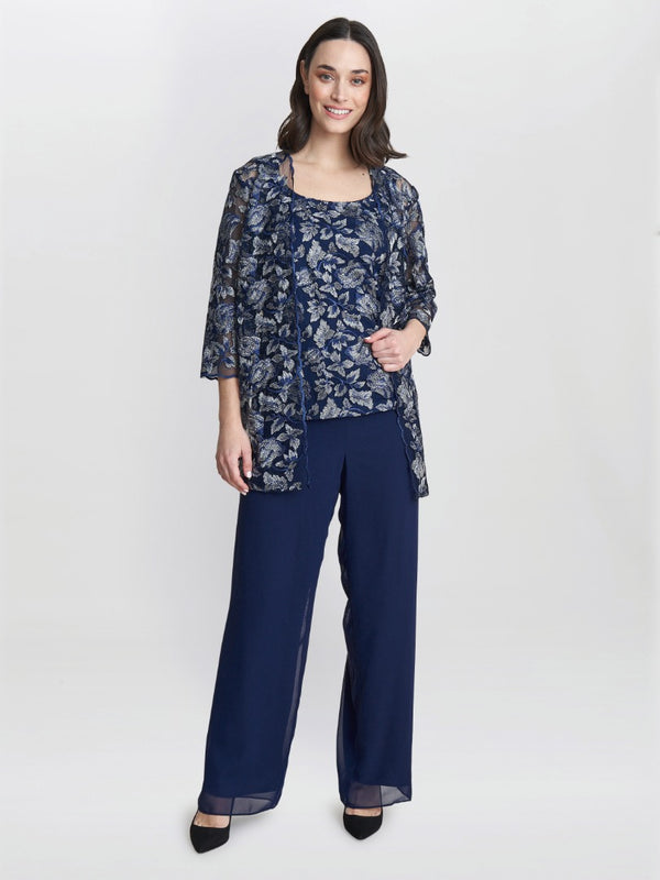 Nikki 3 Piece Trouser Suit With Embroidered Tank Top And Elongated Jacket