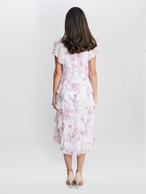 Phoebe Midi Printed Tiered Dress With Shoulder Embellishment