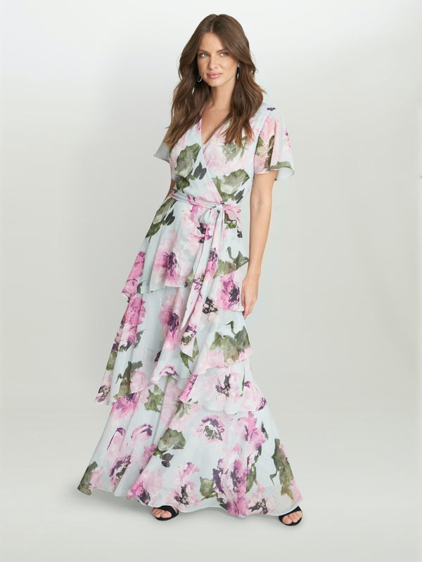 Dione Long Printed Dress With Surplice Neckline With Short Sleeve