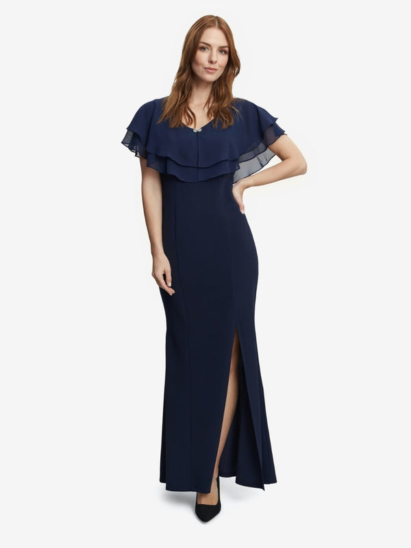 Sharla V Neck Two Tiered Top With Embellishment At The Neck, Long Crepe Gown