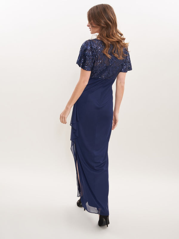 Kaitlyn Embroidered Sequin Flutter Sleeve Cascade Dress