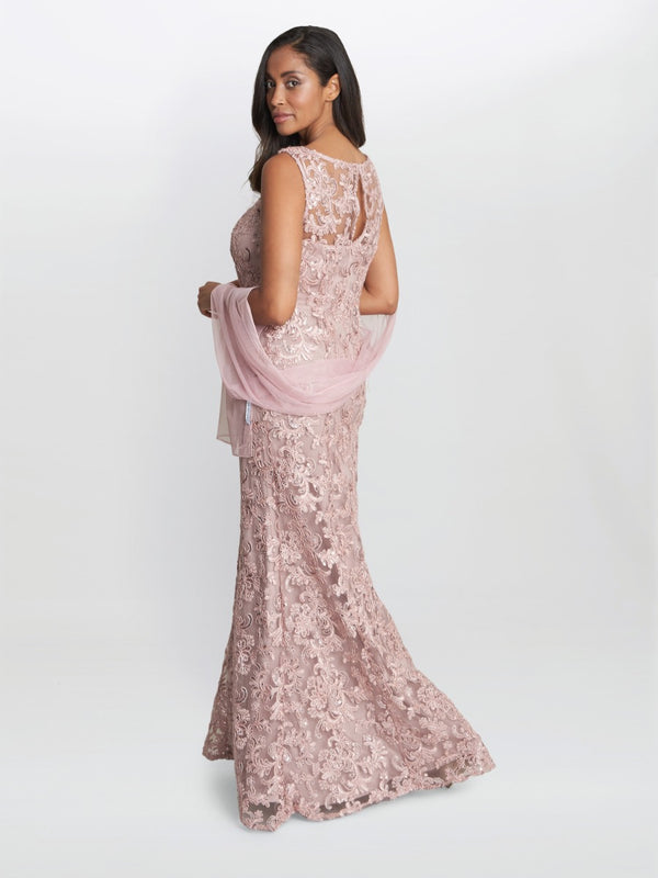 Trinity Embroidered Mesh Illusion Gown With Matching Shawl