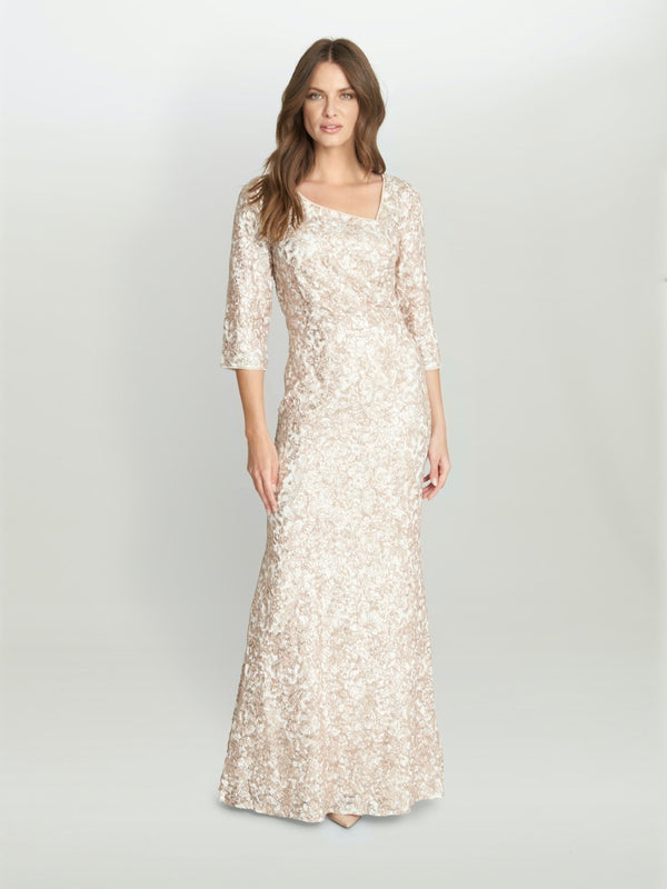 Lilenne Asymmetrical Neck 3/4 Sleeve Sequin Lace Dress