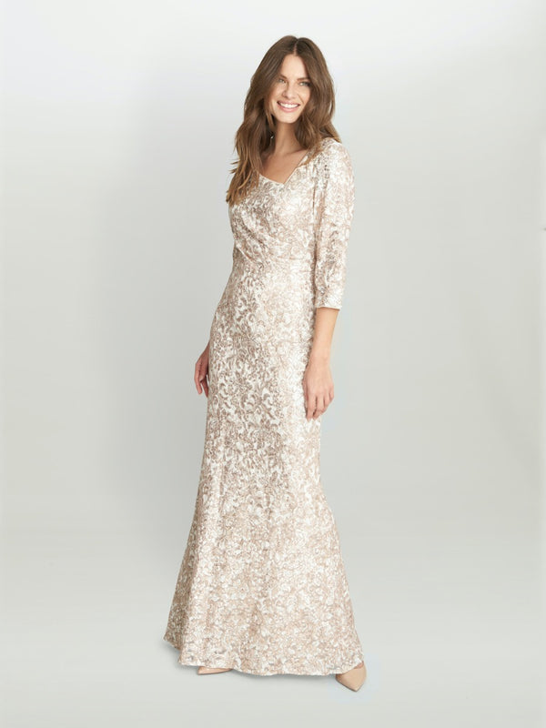 Lilenne Asymmetrical Neck 3/4 Sleeve Sequin Lace Dress