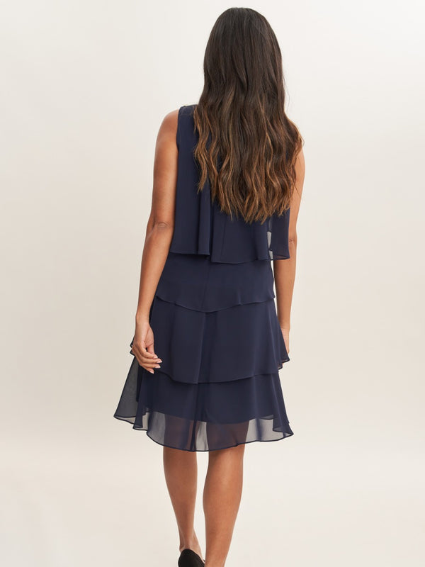 Vesta Jewel-Shoulder Tiered Cocktail Dress