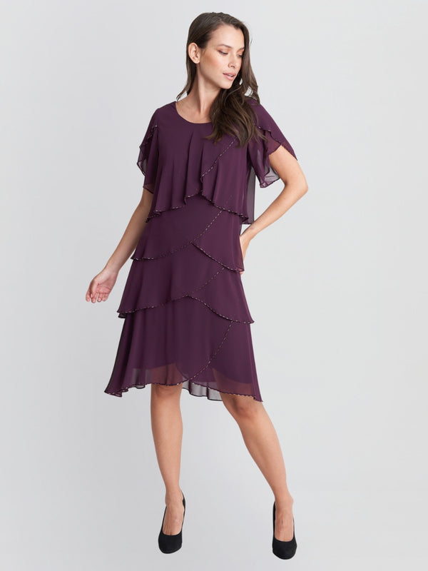 Trysta Bugle Beaded Trim Tiered Cocktail Dress With Flitter Sleeves