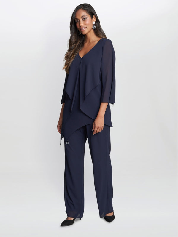 Wilma 2-Piece Trouser and Top Set With Asymmetric Cascade Ruffle Blouse With Crystal Drop