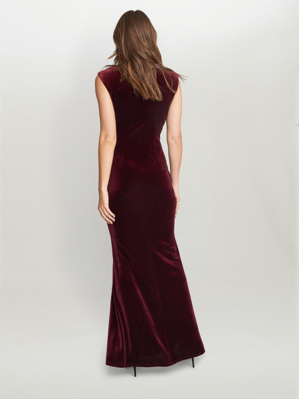 Edina Maxi Velvet Gown With Asymmetrical Neckline And Embellishment