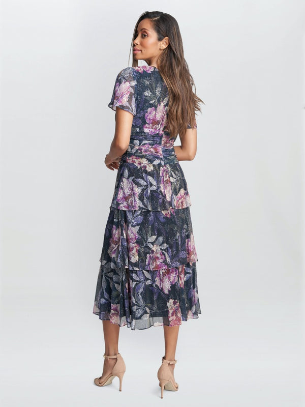 Katy Midi Printed Dress With Tiered Skirt