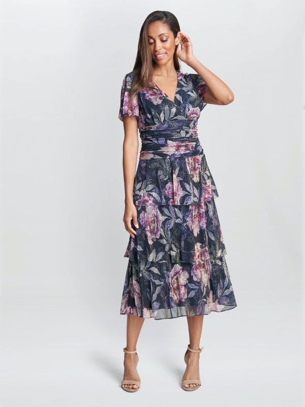 Katy Midi Printed Dress With Tiered Skirt