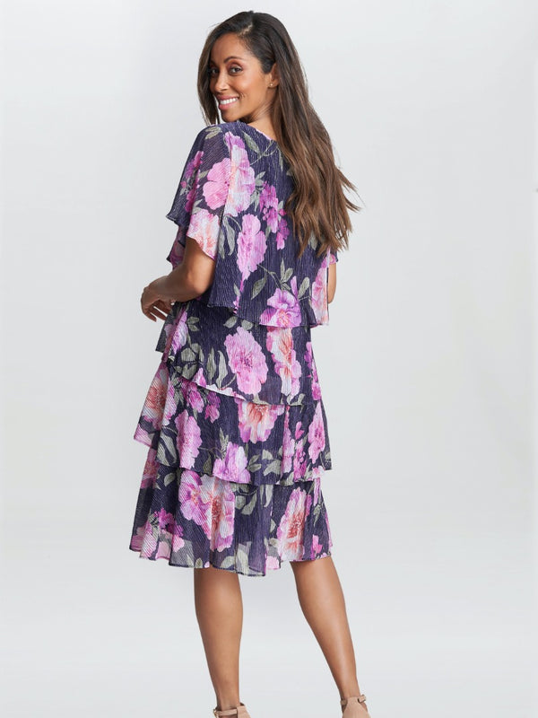 Libby Printed V Neck Dress With Tiers And Embellished Neck