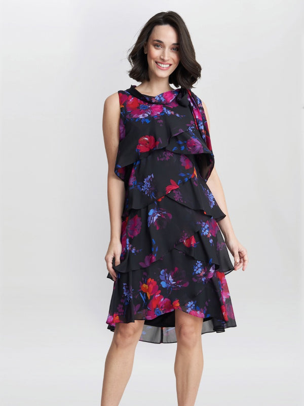 Neesha Sleeveless Printed Tiered Dress With Tie Neck