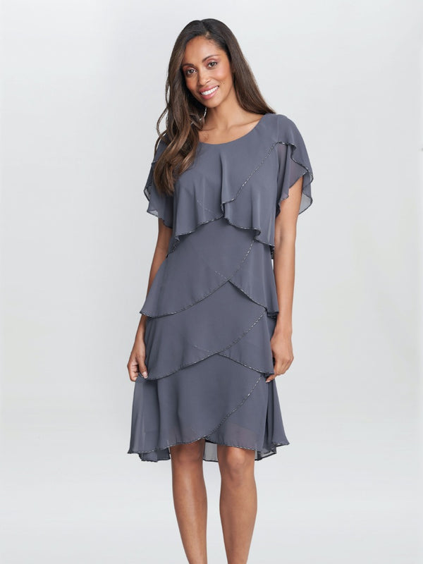 Trysta Bugle Beaded Trim Tiered Cocktail Dress With Flitter Sleeves