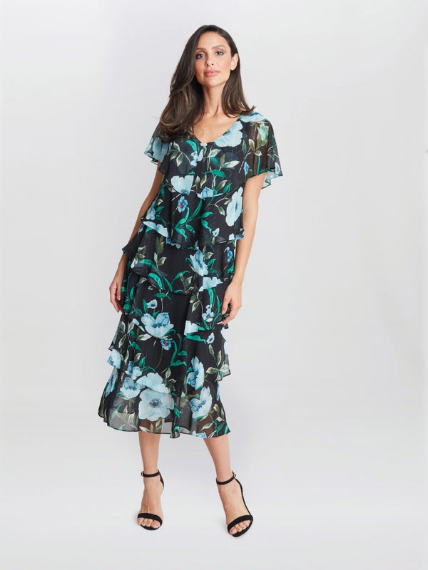 Frances Printed Midi Tiered Dress With Trim